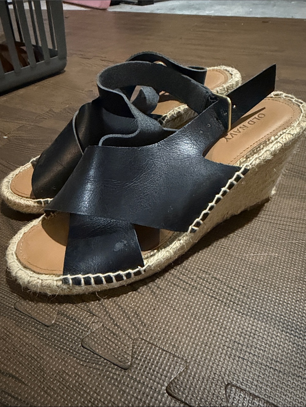 Old Navy Black Leather-Style Espadrille Wedge Sandals